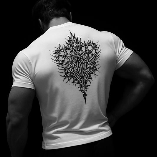 Person wearing a white t-shirt with a black feather design on the back against a black background