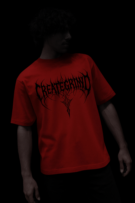 Person wearing a red t-shirt with black text on a dark background