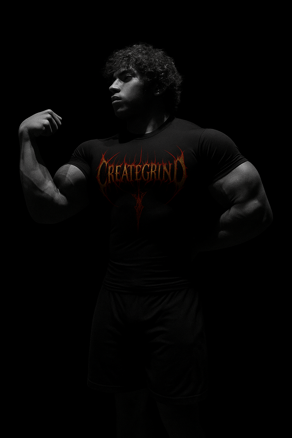 Muscular man wearing a black t-shirt with 'CRAFTERGRIM' logo on a dark background