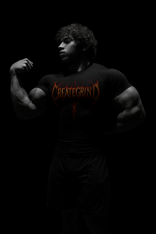 Muscular man wearing a black t-shirt with 'CRAFTERGRIM' logo on a dark background