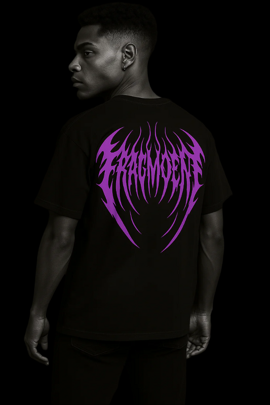 Person wearing a black t-shirt with a purple graphic design on the back against a black background